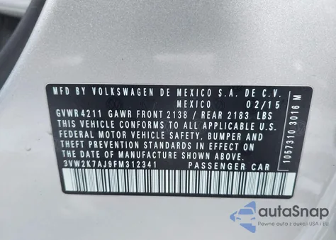 2015 Volkswagen Jetta 2.0L S из США, поврежденный, VIN 3VW2K7AJ9FM312341